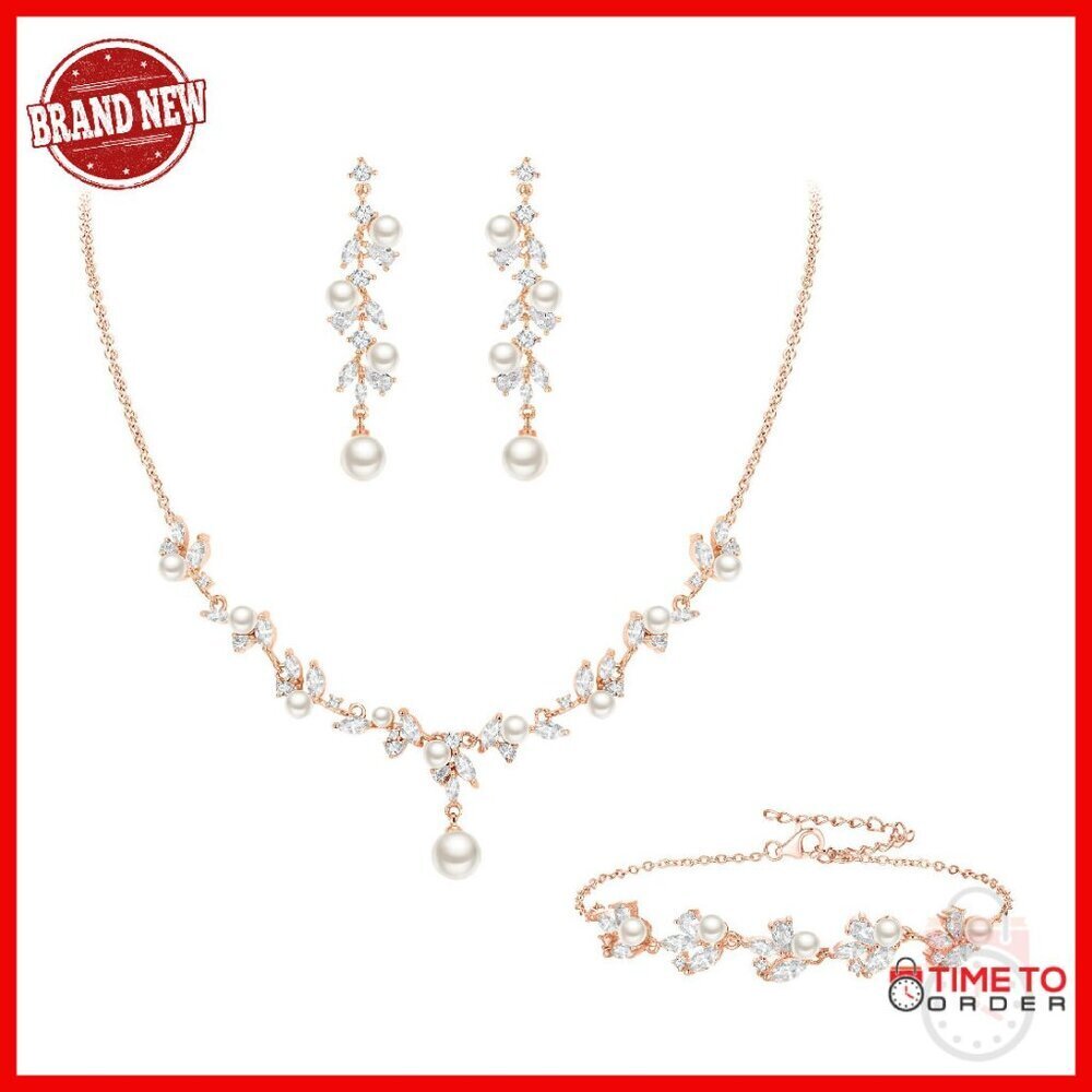 Simulated Pearl Bridal Jewelry Set Cubic Zirconia Necklace Earrings Bracelet